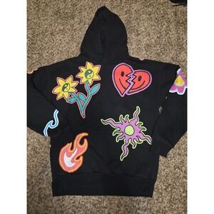 PacSun Graphic Pullover Hoodie M Black Multicolor Flower Heart UNISEX